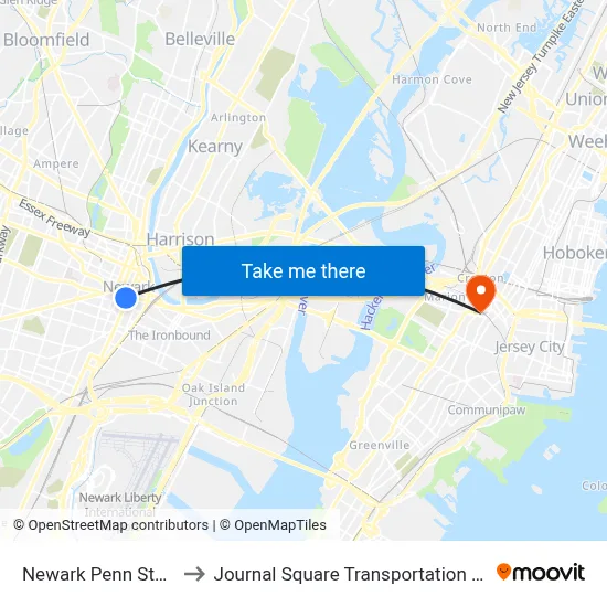 Newark Penn Station to Journal Square Transportation Center map
