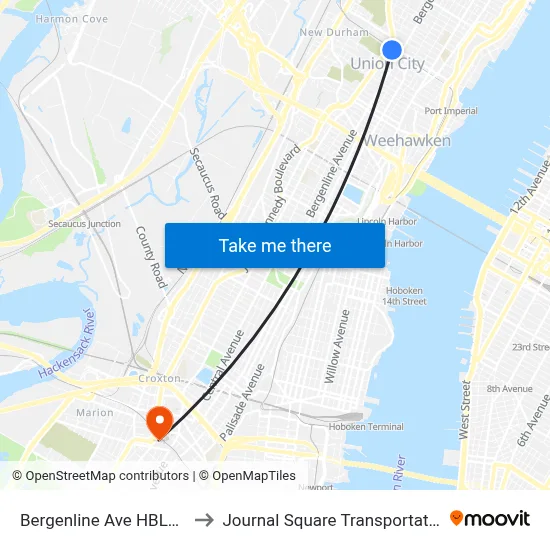 Bergenline Ave HBLR Station to Journal Square Transportation Center map