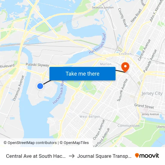 Central Ave at South Hackensack Avenue to Journal Square Transportation Center map