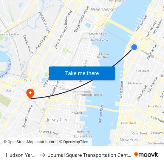 Hudson Yards to Journal Square Transportation Center map
