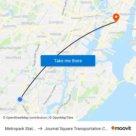 Metropark Station to Journal Square Transportation Center map