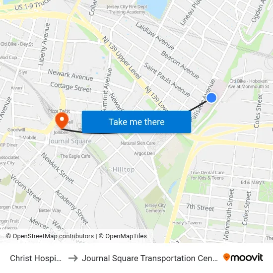 Christ Hospital to Journal Square Transportation Center map