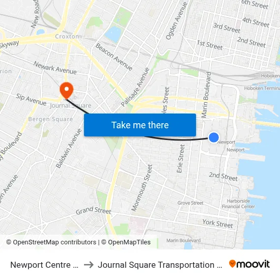 Newport Centre Mall to Journal Square Transportation Center map