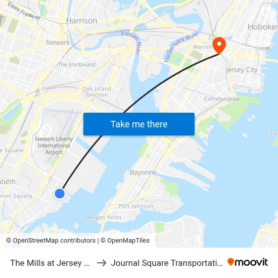 The Mills at Jersey Gardens to Journal Square Transportation Center map