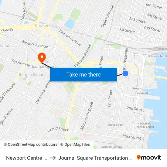 Newport Centre Mall to Journal Square Transportation Center map