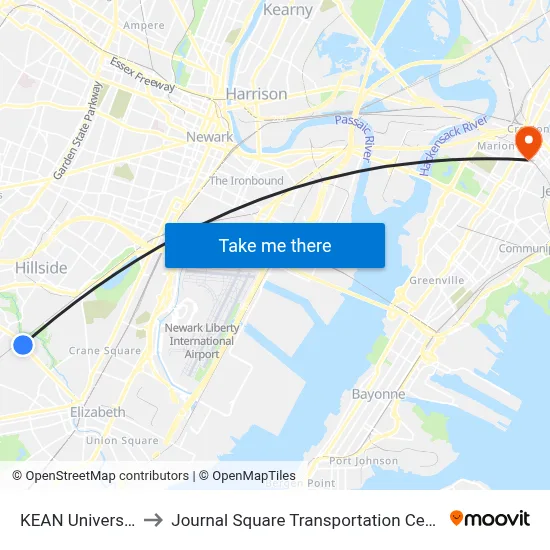 KEAN University to Journal Square Transportation Center map