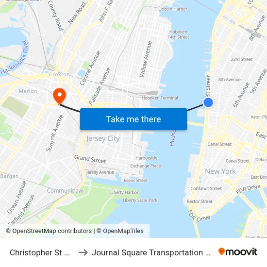 Christopher St West to Journal Square Transportation Center map