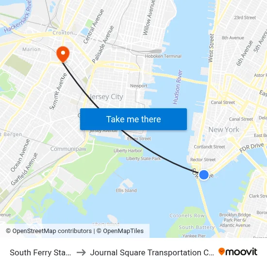 South Ferry Station to Journal Square Transportation Center map