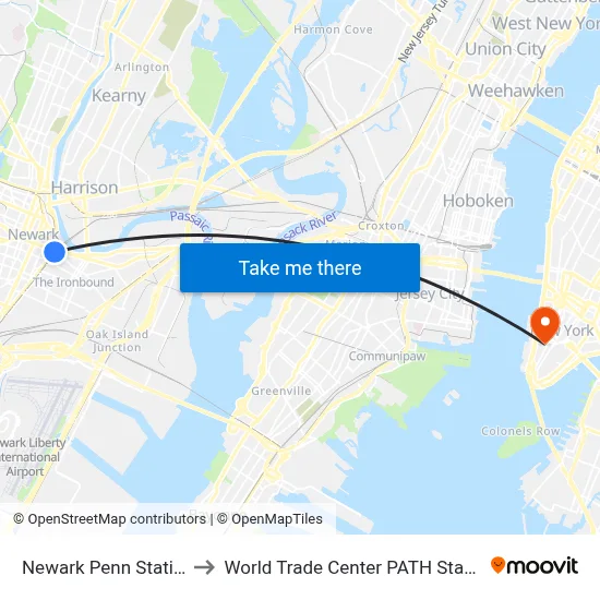 Newark Penn Station to World Trade Center PATH Station map
