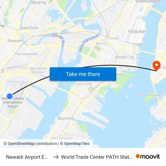 Newark Airport EWR to World Trade Center PATH Station map