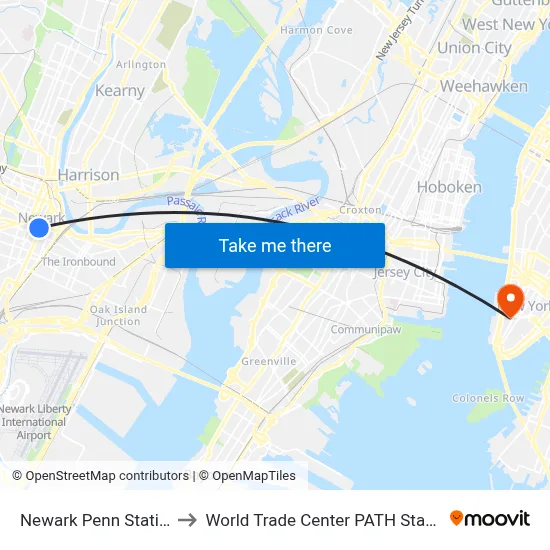 Newark Penn Station to World Trade Center PATH Station map