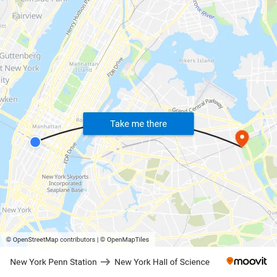 New York Penn Station to New York Hall of Science map