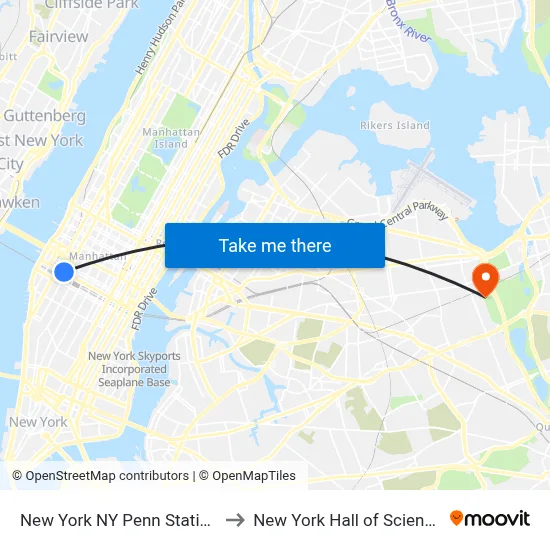 New York NY Penn Station to New York Hall of Science map