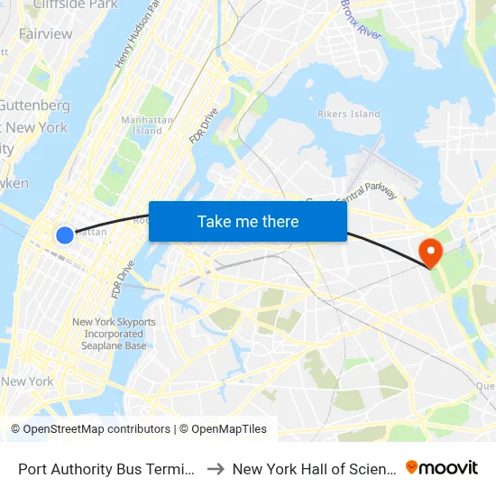 Port Authority Bus Terminal to New York Hall of Science map
