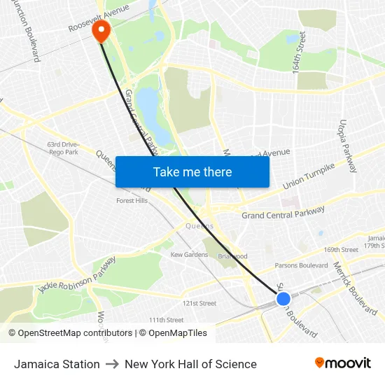 Jamaica Station to New York Hall of Science map