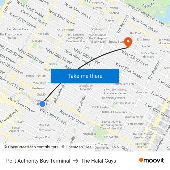Port Authority Bus Terminal to The Halal Guys map