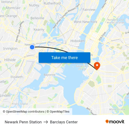 Newark Penn Station to Barclays Center map