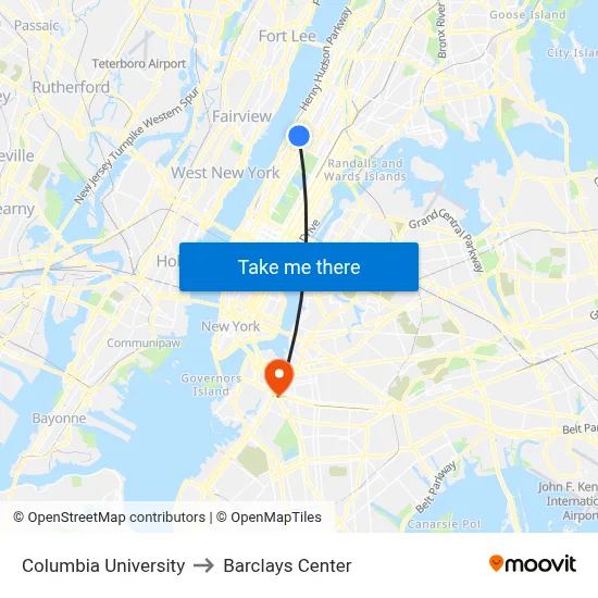 Columbia University to Barclays Center map