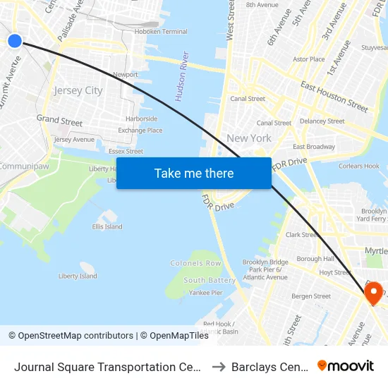 Journal Square Transportation Center to Barclays Center map