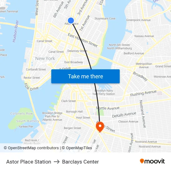 Astor Place Station to Barclays Center map