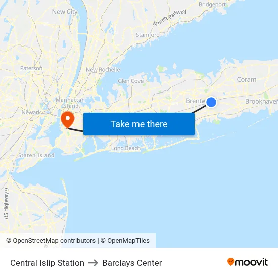 Central Islip Station to Barclays Center map