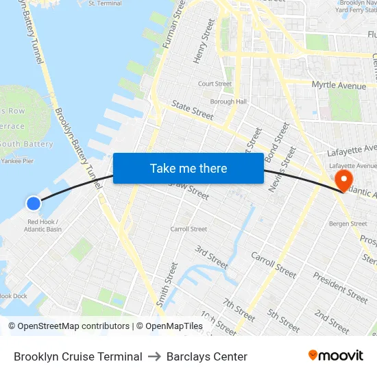 Brooklyn Cruise Terminal to Barclays Center map