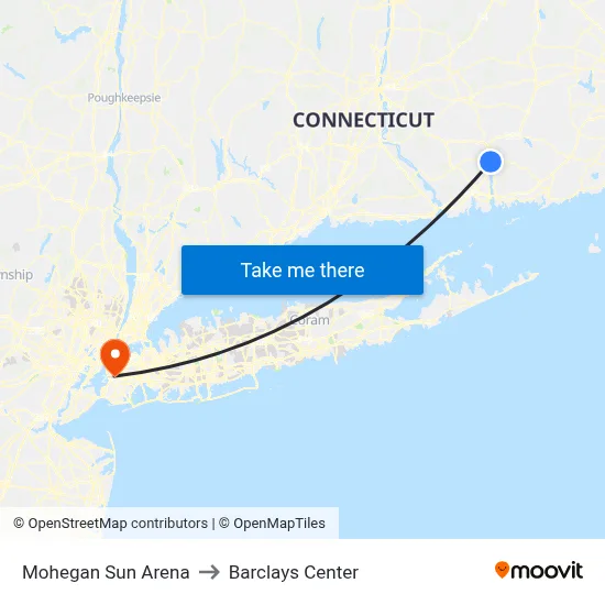 Mohegan Sun Arena to Barclays Center map