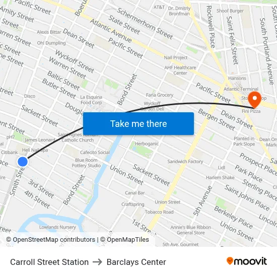 Carroll Street Station to Barclays Center map