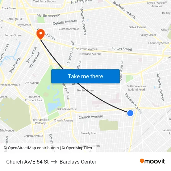 Church Av/E 54 St to Barclays Center map