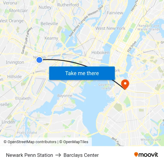 Newark Penn Station to Barclays Center map