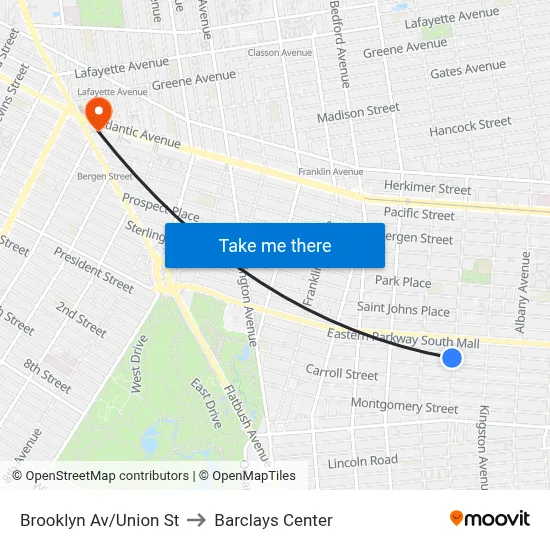 Brooklyn Av/Union St to Barclays Center map