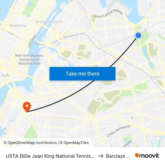 USTA Billie Jean King National Tennis Center W Gate, Meadow Corona Park to Barclays Center map