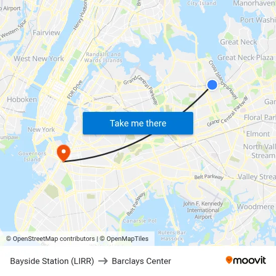 Bayside Station (LIRR) to Barclays Center map