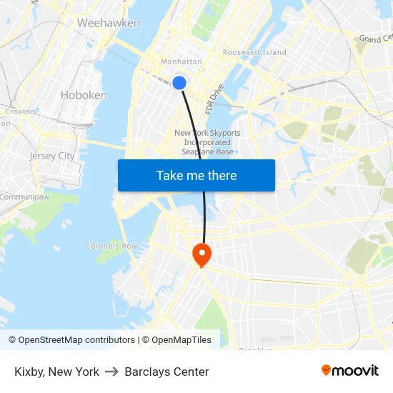Kixby, New York to Barclays Center map