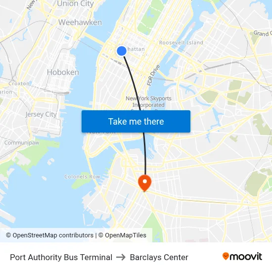 Port Authority Bus Terminal to Barclays Center map