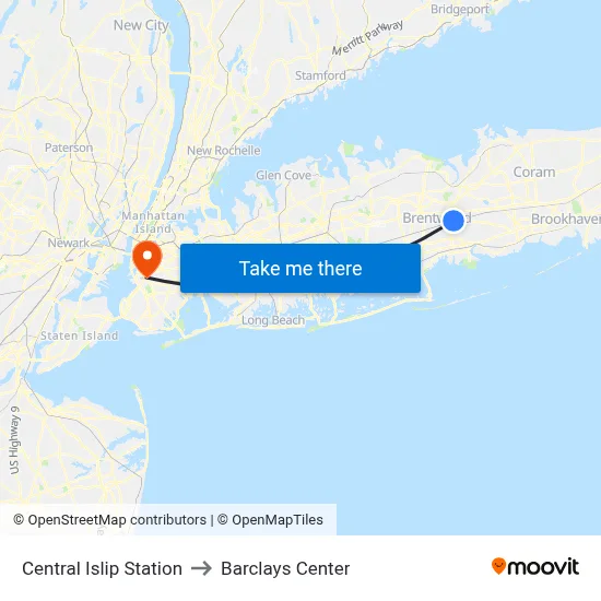 Central Islip Station to Barclays Center map