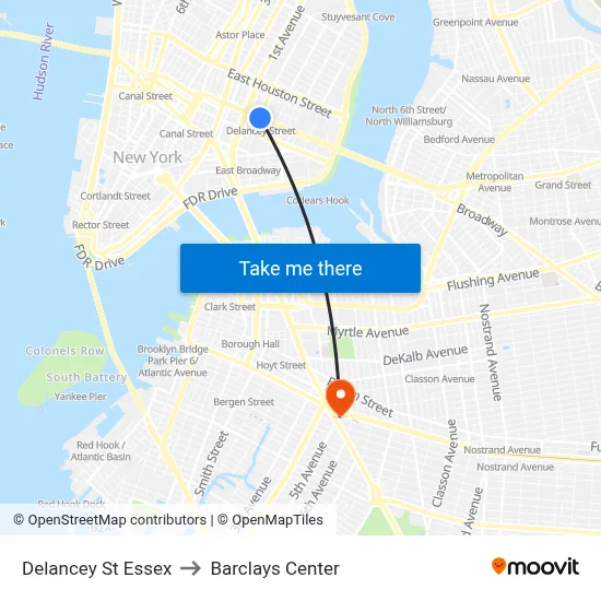 Delancey St Essex, New York, NY 10002 to Barclays Center map