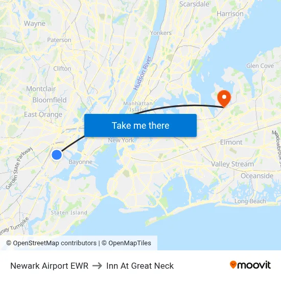 Newark Airport EWR to Inn At Great Neck map