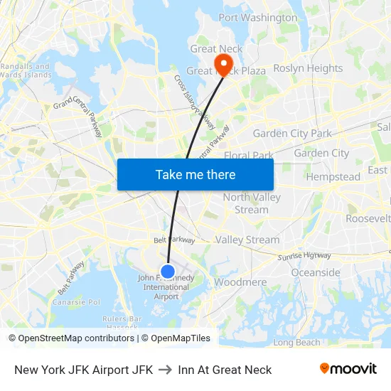 New York JFK Airport JFK to Inn At Great Neck map