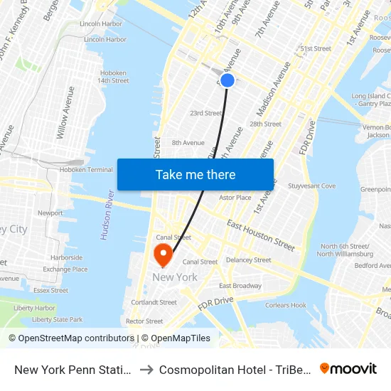 New York Penn Station to Cosmopolitan Hotel - TriBeCa map