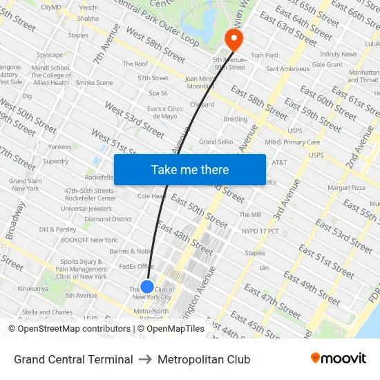 Grand Central Terminal to Metropolitan Club map