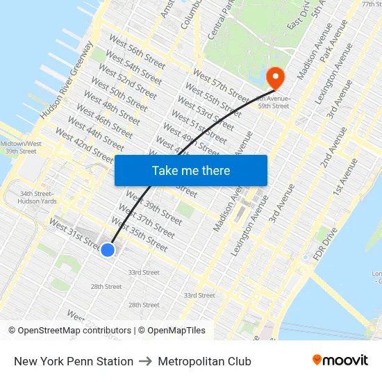 New York Penn Station to Metropolitan Club map