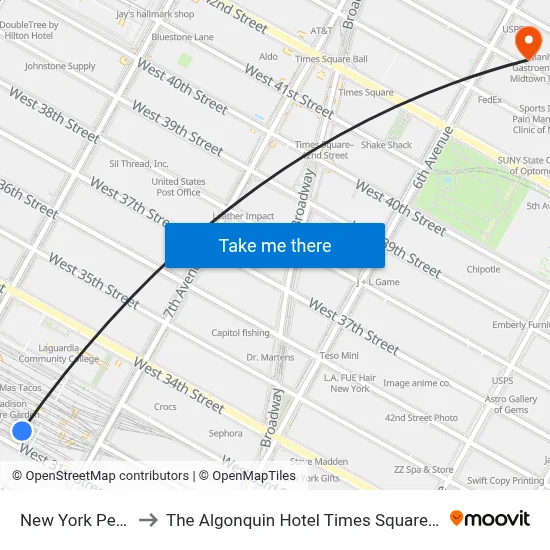 New York Penn Station to The Algonquin Hotel Times Square, Autograph Collection map