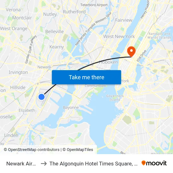 Newark Airport EWR to The Algonquin Hotel Times Square, Autograph Collection map