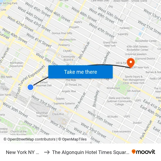 New York NY Penn Station to The Algonquin Hotel Times Square, Autograph Collection map