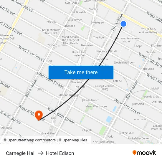 Carnegie Hall to Hotel Edison map