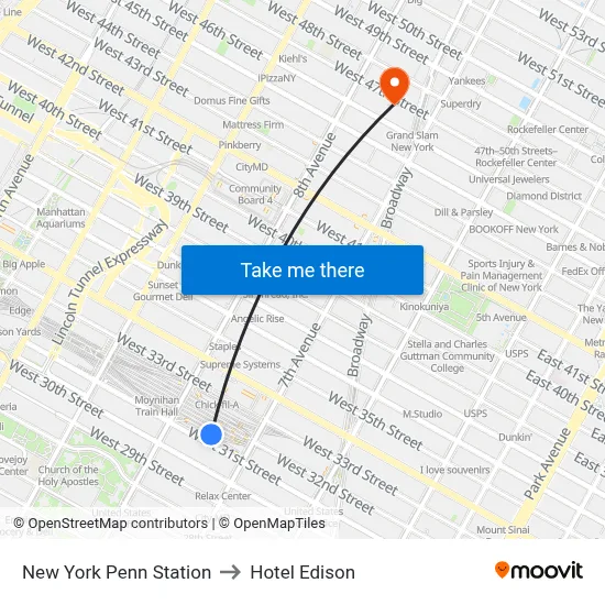 New York Penn Station to Hotel Edison map