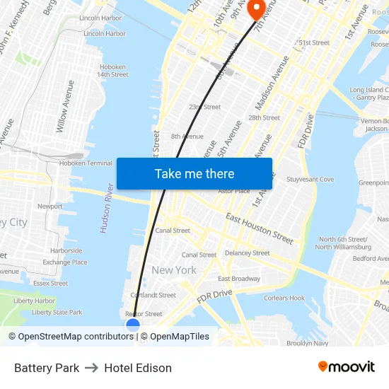 Battery Park to Hotel Edison map