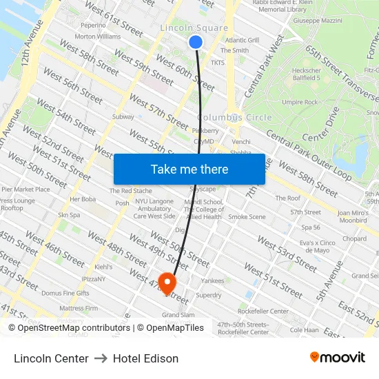 Lincoln Center to Hotel Edison map