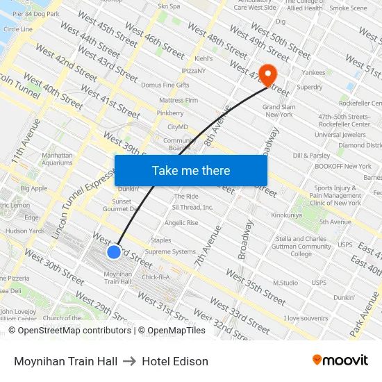 Moynihan Train Hall to Hotel Edison map
